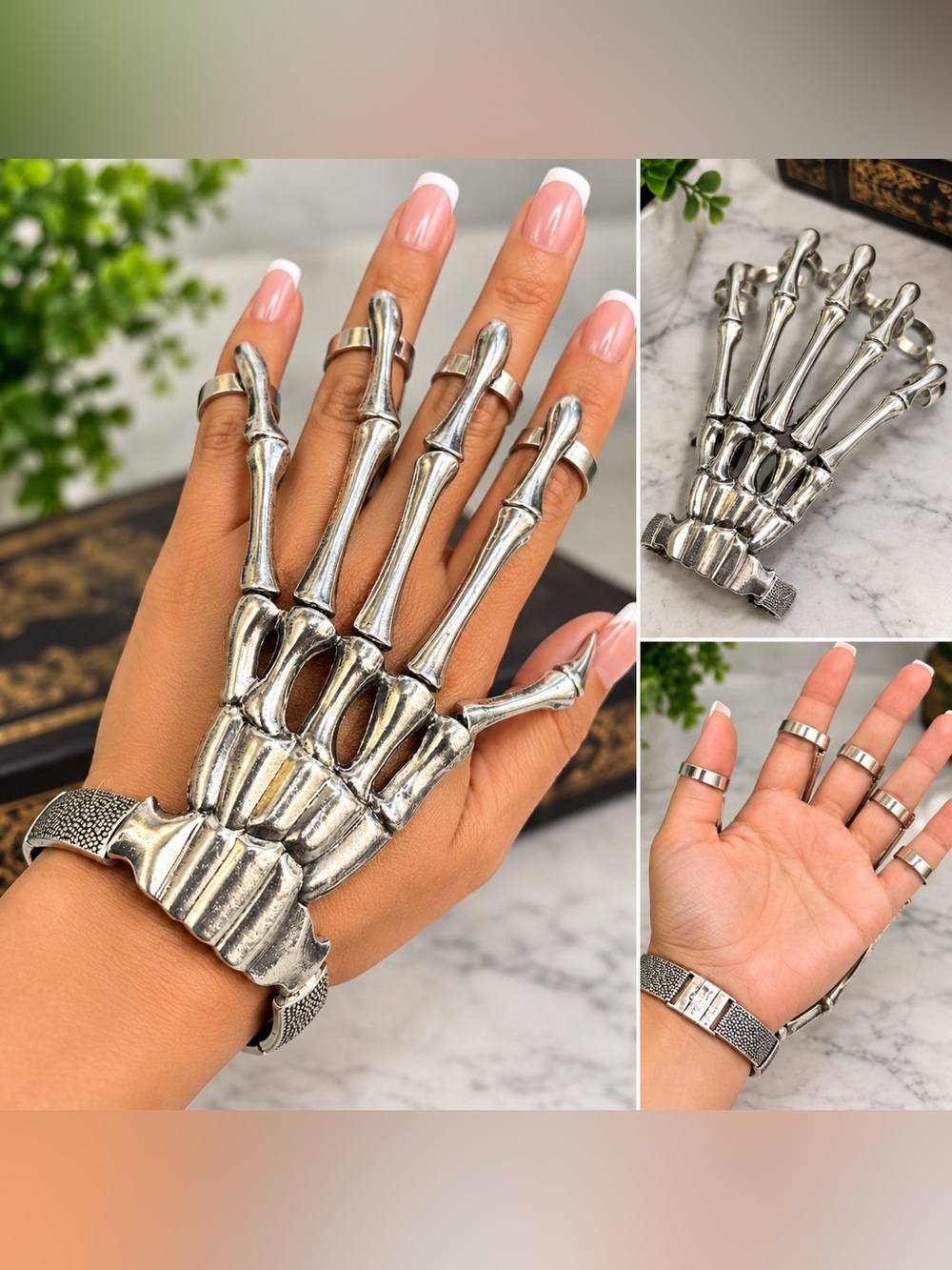 Silver Skeleton Hand Harness Ring Bracelet - Men Accessories